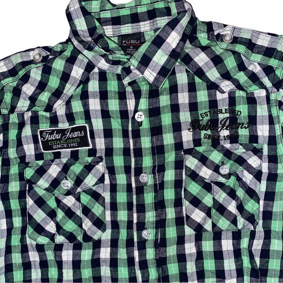 Fubu The Collection Boys Green Checkered Button Up Shirt Size 10 Cotton Casual - Picture 3 of 4